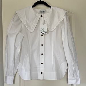 Ganni Cotton White Shirt with Collar Detail